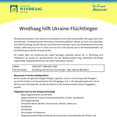 Windhaag hilft Ukraine-Flüchtlingen Flyer