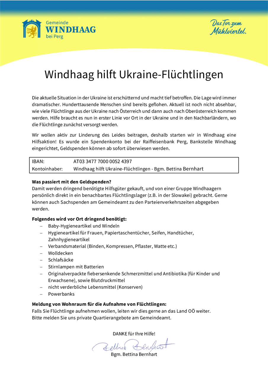 Windhaag hilft Ukraine-Flüchtlingen Flyer